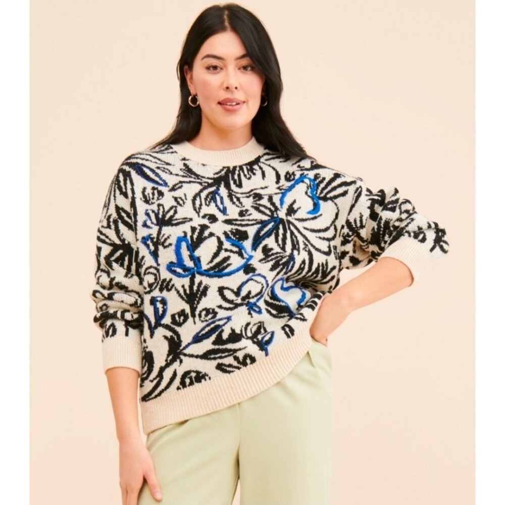 Anthropologie Crewneck Pullover Cream, Black, & Blue Floral Print Fuzzy Sweater